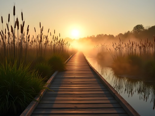 Sunrise over boardwalk trail through Baker Wetlands in Lawrence, Kansas