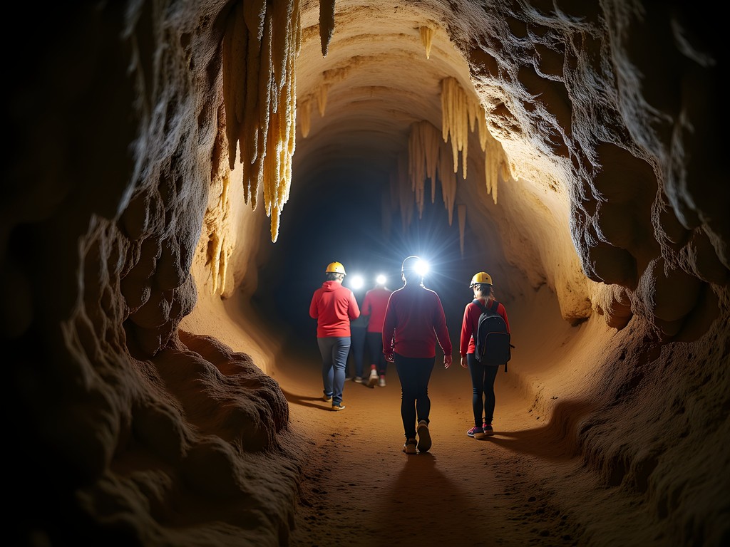 Student explorers examining limestone formations in underground cave system near University of Kansas