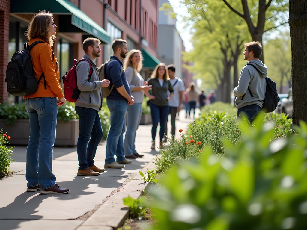Urban foraging tour group examining edible plants in downtown Lawrence, Kansas