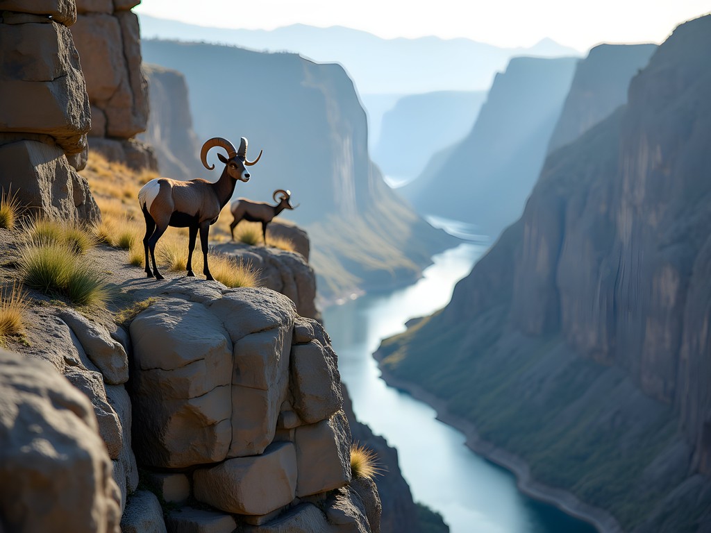 Bighorn sheep navigating steep cliff faces in Hells Canyon with Snake River below