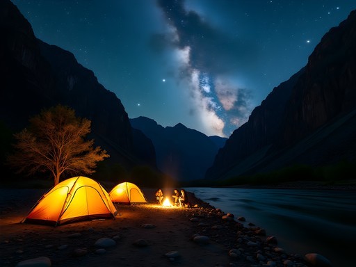 Riverside camping in Hells Canyon with tents illuminated under starry night sky
