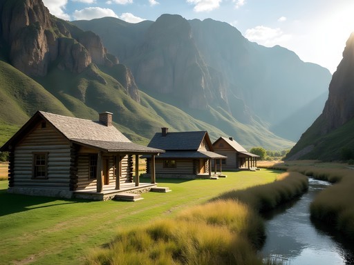 Historic Kirkwood Ranch buildings nestled in Hells Canyon with Snake River in foreground