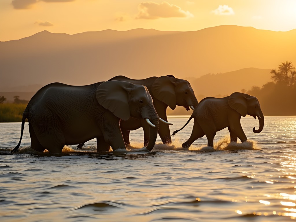 Elephant herd crossing Lower Zambezi River with baby elephant