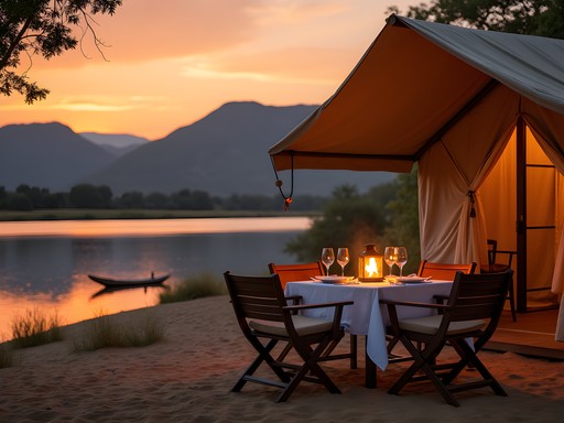Luxury safari tented camp setup on banks of Lower Zambezi River at sunset