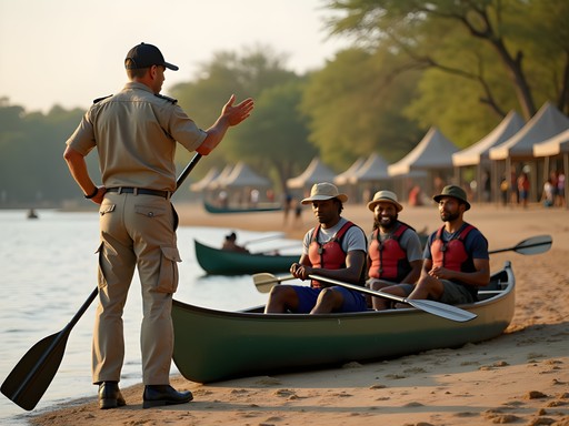 Safari guide explaining river safety to travelers before Lower Zambezi canoe safari