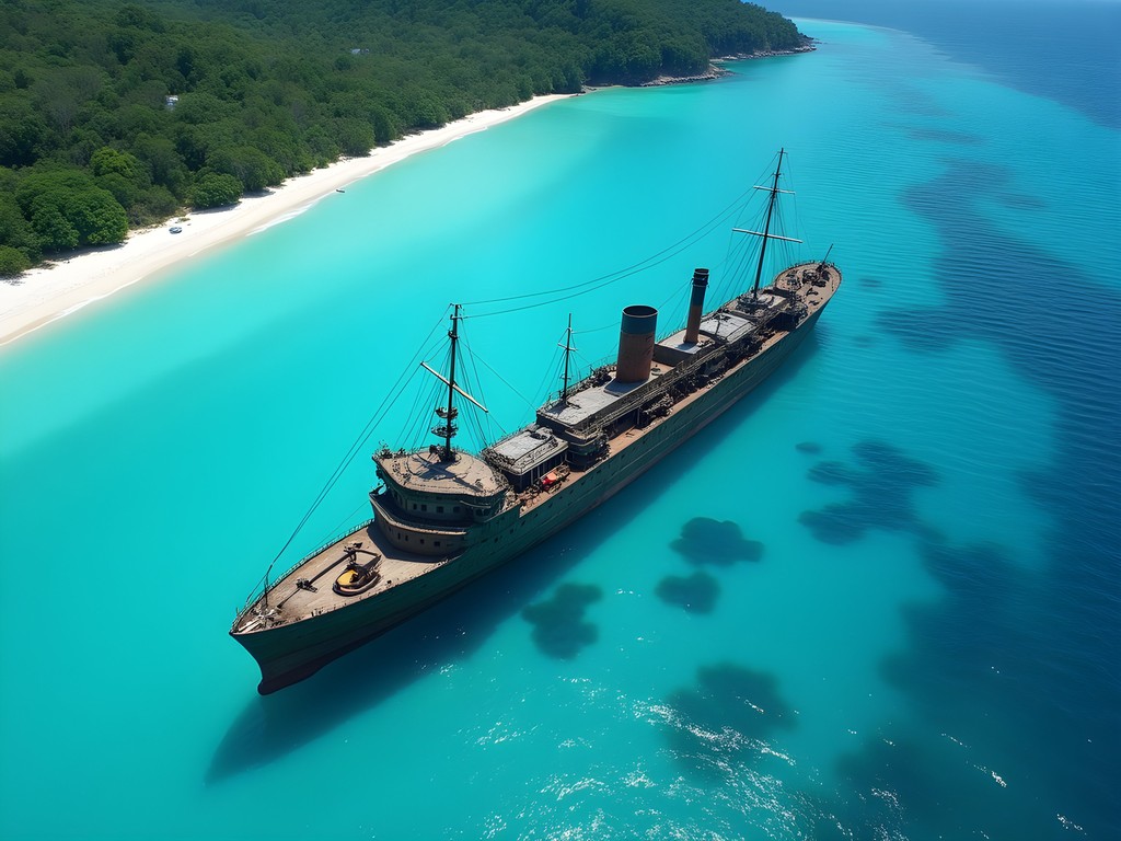 Aerial view showing outline of SS President Coolidge wreck in Vanuatu waters