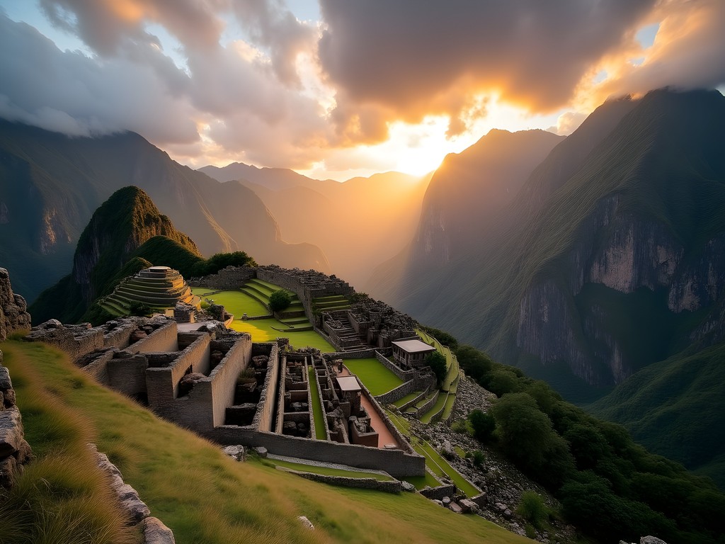 Sunset over the ancient Inca ruins of Choquequirao with mountains in background