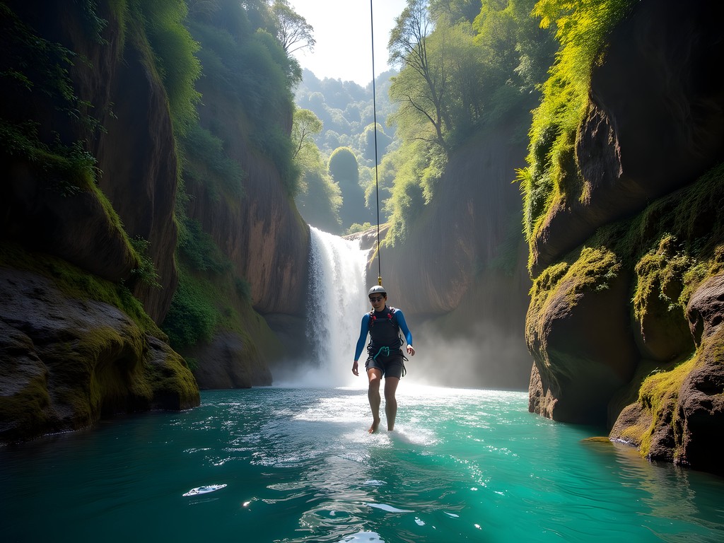 Canyoning adventure in Ribeira das Cales with rappelling down waterfall