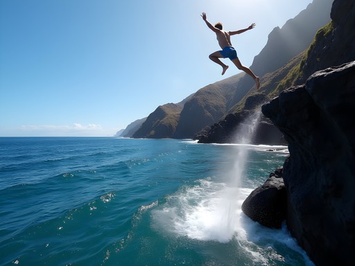 Cliff jumping during coasteering adventure on Madeira's eastern coast