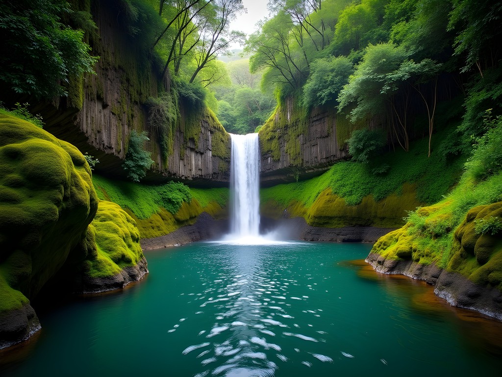 Waterfall at Levada das 25 Fontes in Madeira with lush green surroundings
