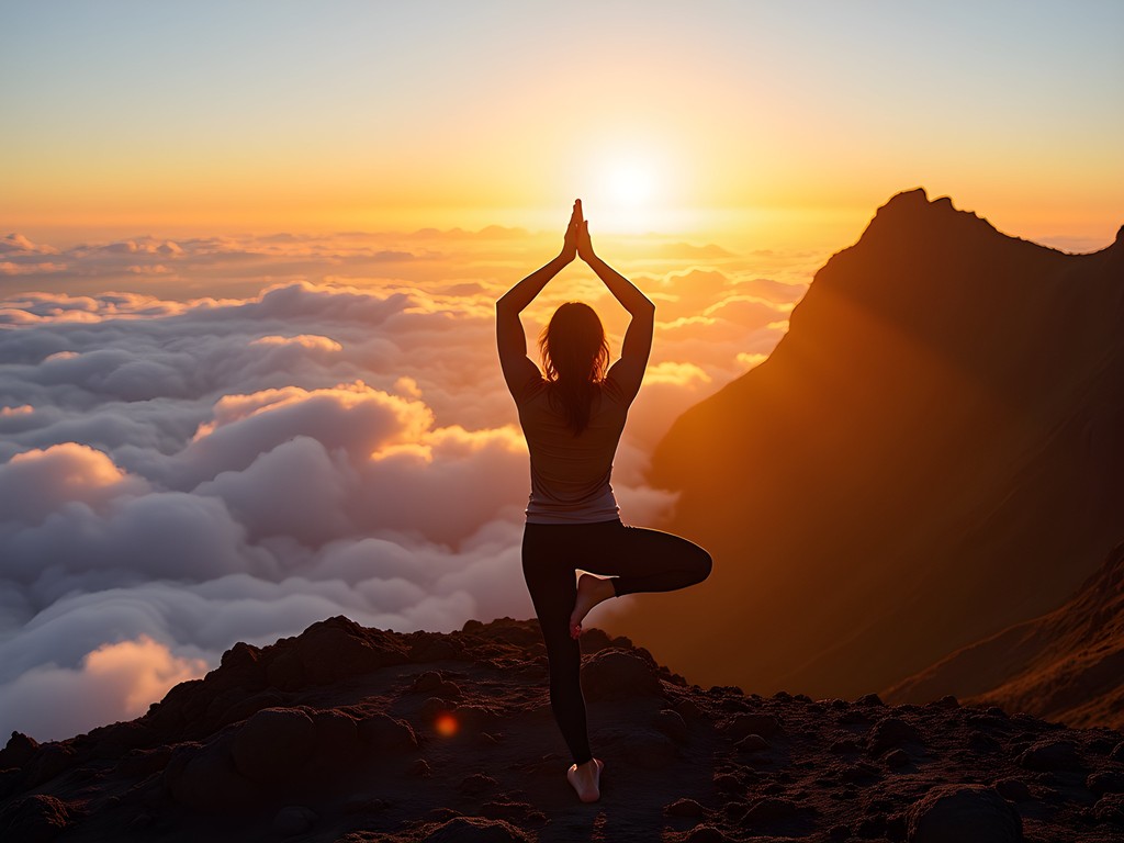 Yoga practice at sunrise on Pico do Arieiro mountain in Madeira