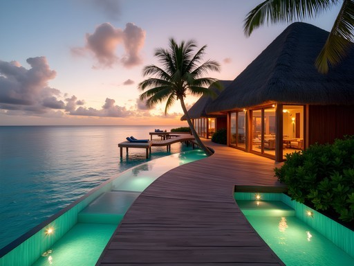 Luxury overwater bungalow at sunset in Majuro with glass floor panels