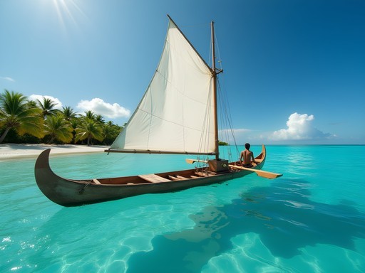 Traditional Marshallese outrigger canoe sailing near Majuro Atoll with local navigator