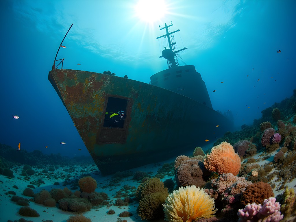 Diver exploring WWII shipwreck covered in soft corals in Majuro Lagoon