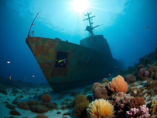 Diver exploring WWII shipwreck covered in soft corals in Majuro Lagoon