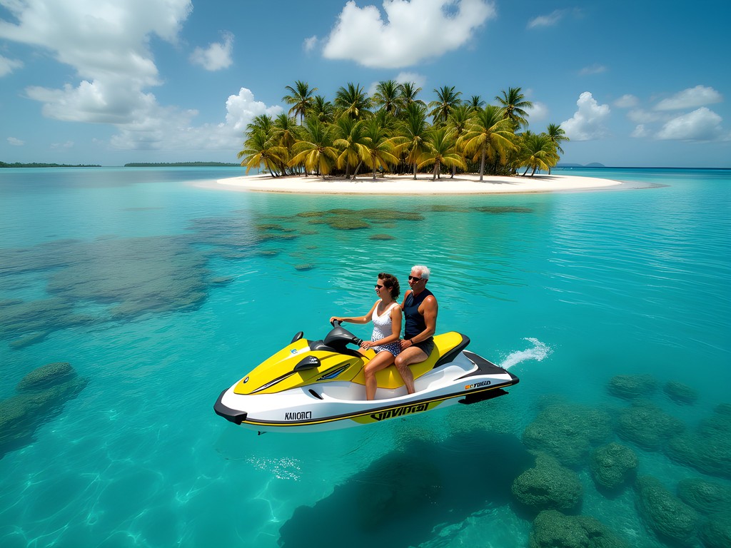 Couple on jet skis exploring between tropical islands in Fiji's Mamanuca archipelago