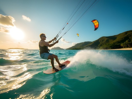 Mature man kitesurfing between tropical islands in Fiji with colorful kite against blue sky