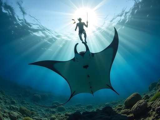 Snorkeler observing large manta ray swimming in clear blue waters of Fiji