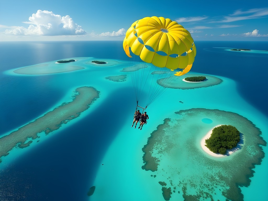 Couple parasailing high above the turquoise waters and islands of Fiji's Mamanuca archipelago