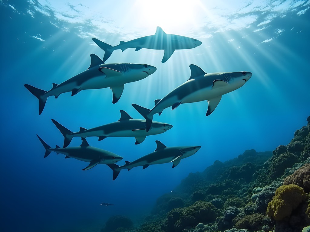Group of blacktip reef sharks swimming in clear blue water at The Supermarket dive site in Fiji