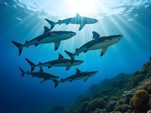 Group of blacktip reef sharks swimming in clear blue water at The Supermarket dive site in Fiji