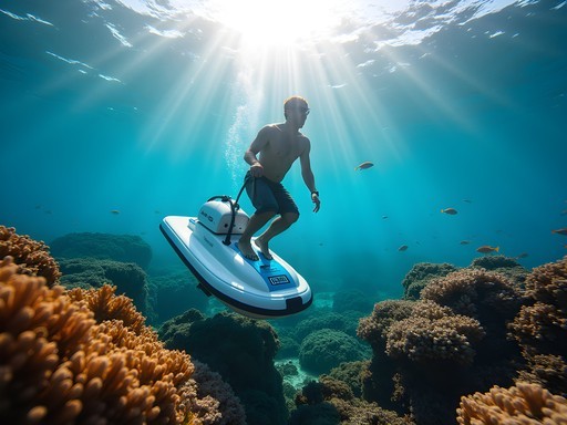 Person using a Sea Bob underwater propulsion device to explore coral reef in Fiji