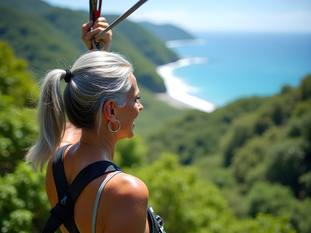 Senior woman zip lining through Manuel Antonio rainforest canopy