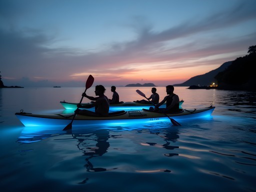 Group kayaking at sunset with bioluminescent waters in Manuel Antonio