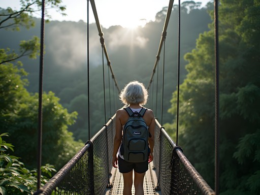 Woman crossing hanging bridge in Rainmaker Conservation Project rainforest