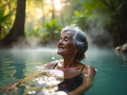 Woman relaxing in natural hot springs surrounded by Costa Rican rainforest