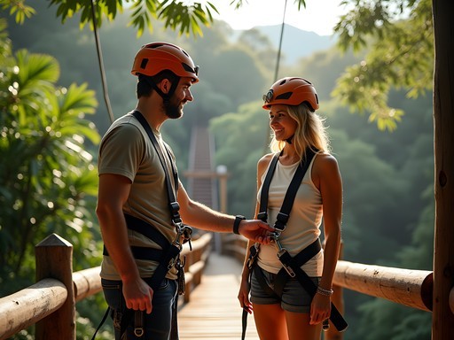 Couple getting fitted with zipline harnesses in Manuel Antonio