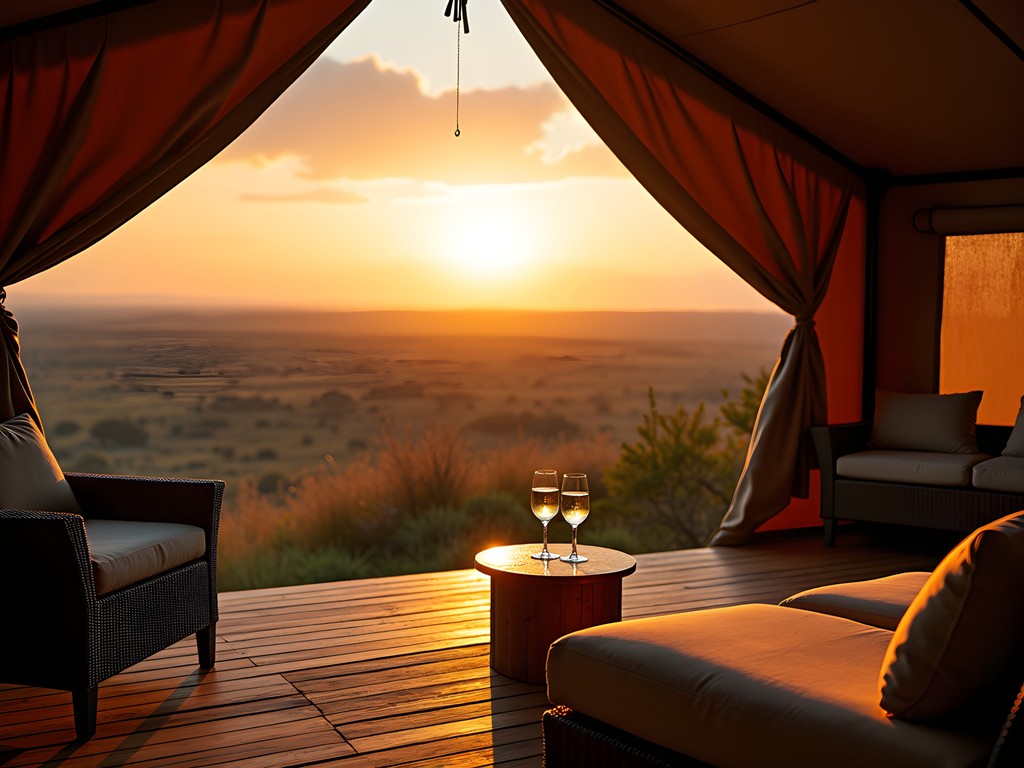 Luxury safari tent accommodation with private deck overlooking African plains at sunset