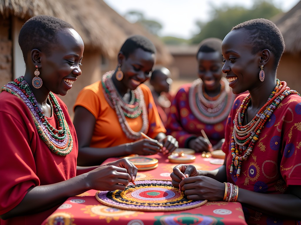 Maasai women teaching traditional beadwork techniques to travelers in Tanzania