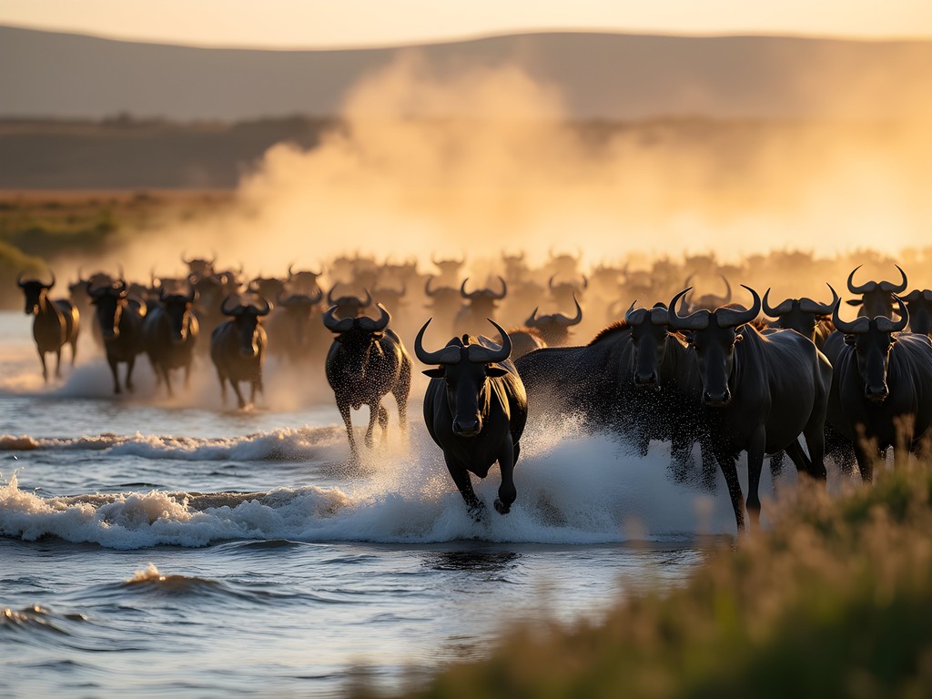 Dramatic river crossing of wildebeest during the Great Migration in Serengeti