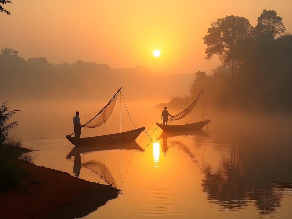 Misty sunrise over Sankuru River near Mbuji-Mayi with fishermen in traditional boats