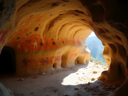 Cave explorer examining ancient rock art in Ethiopian cave system