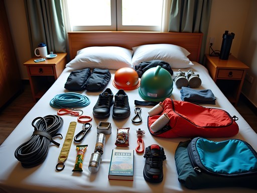 Climbing gear organized on hotel bed in preparation for Tigray rock climbing adventure