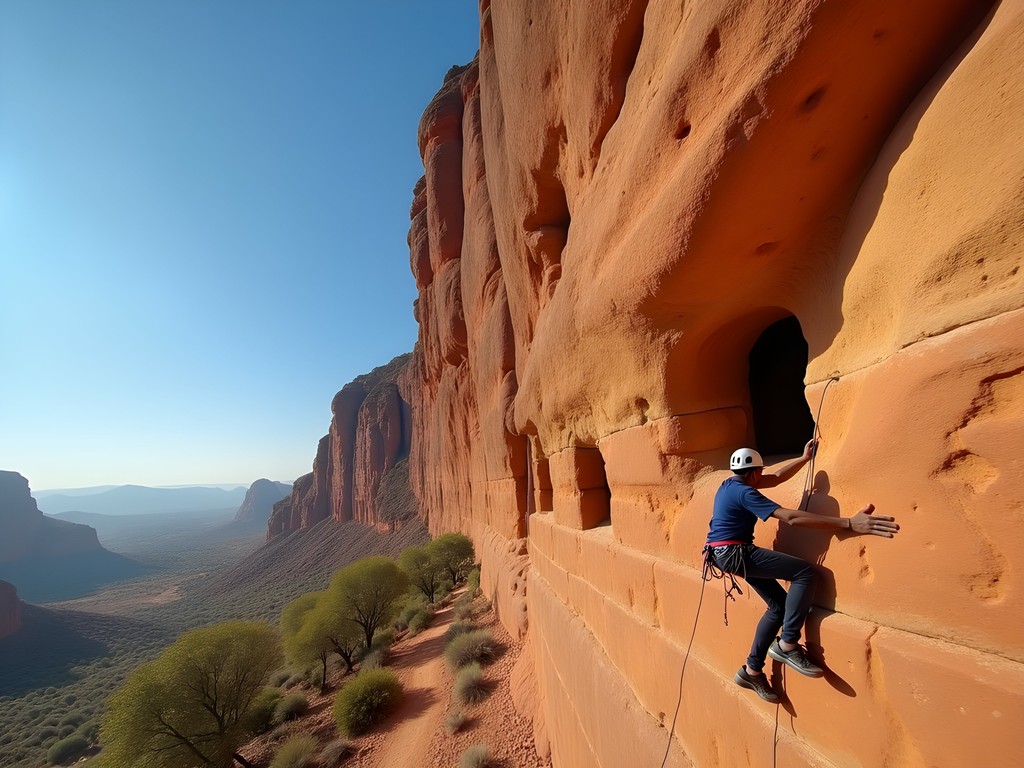 Rock climber scaling dramatic sandstone cliff face in Tigray region