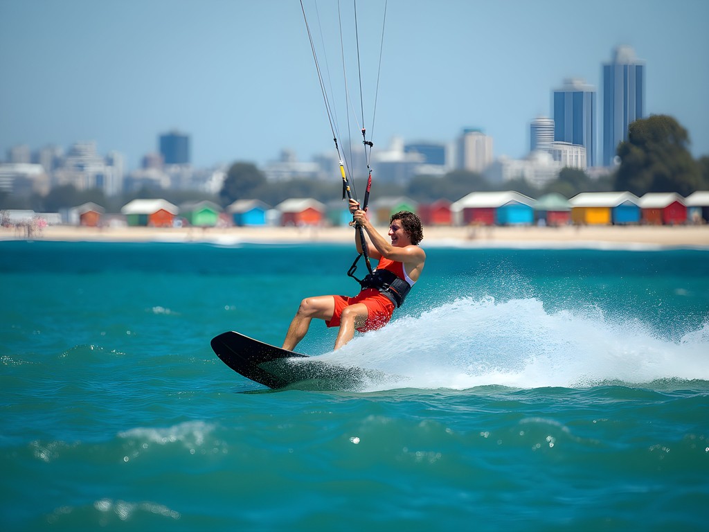 Kitesurfers at Brighton Beach with colorful bathing boxes and Melbourne skyline in background