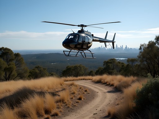 Helicopter landing near mountain bike trails at Lysterfield Park with Melbourne skyline visible in distance