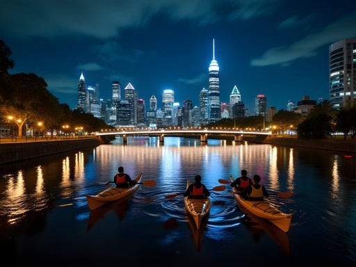 Nighttime kayaking on Yarra River with illuminated Melbourne skyline