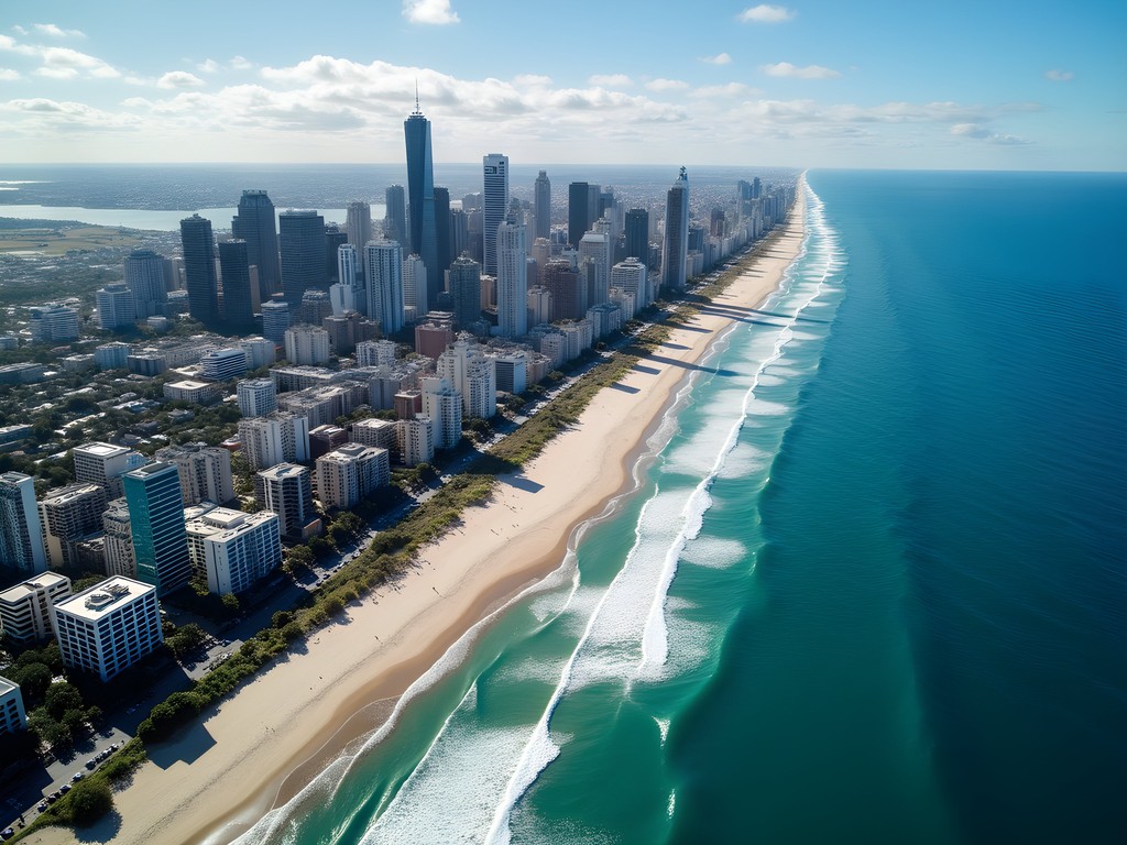Aerial view during skydive showing Melbourne skyline and St. Kilda coastline