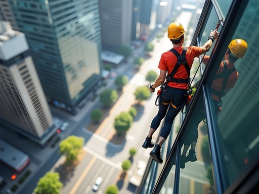 Person rappelling down Melbourne skyscraper with city views