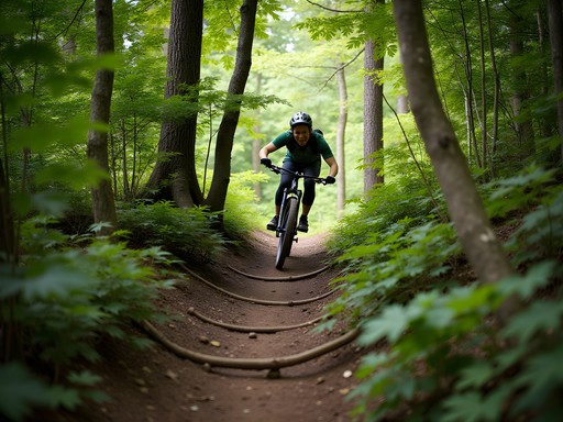 Single-track mountain biking trail winding through the dense forest of Horse Hill Nature Preserve