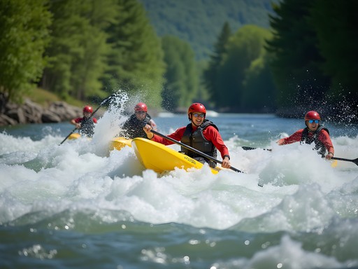 Whitewater rapids on the Merrimack River with kayakers navigating through churning water