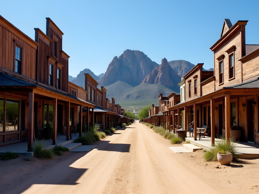 Historic Goldfield Ghost Town buildings with Superstition Mountains backdrop