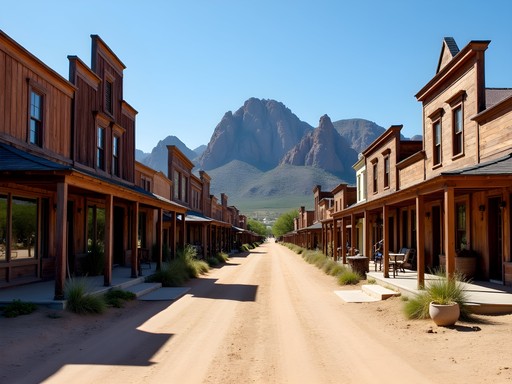 Historic Goldfield Ghost Town buildings with Superstition Mountains backdrop