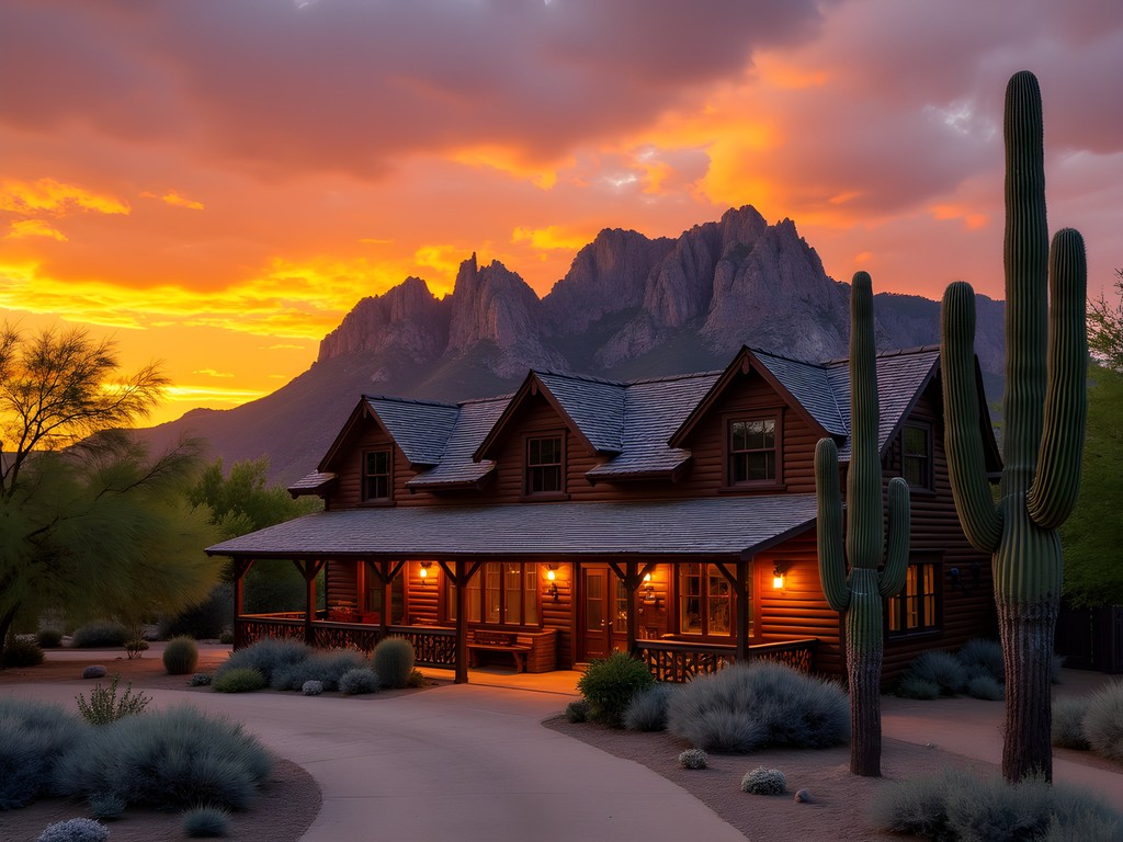 Superstition Mountain Museum buildings with mountain backdrop at sunset
