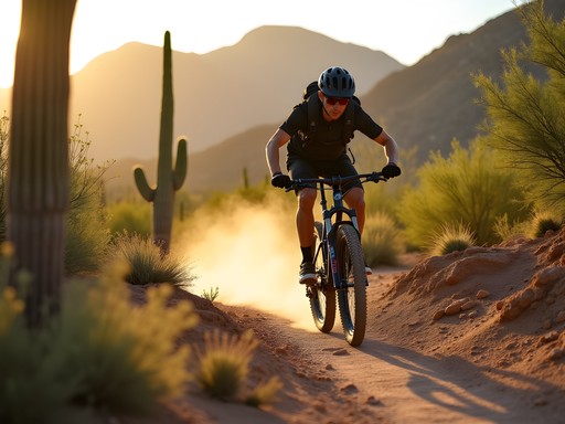 Mountain biker navigating technical singletrack on Hawes Trail in Mesa, Arizona