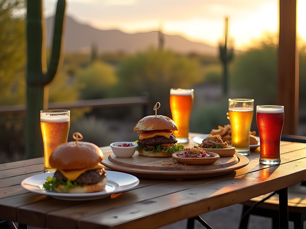 Outdoor dining at Arizona Wilderness Brewing Co. with desert landscape backdrop